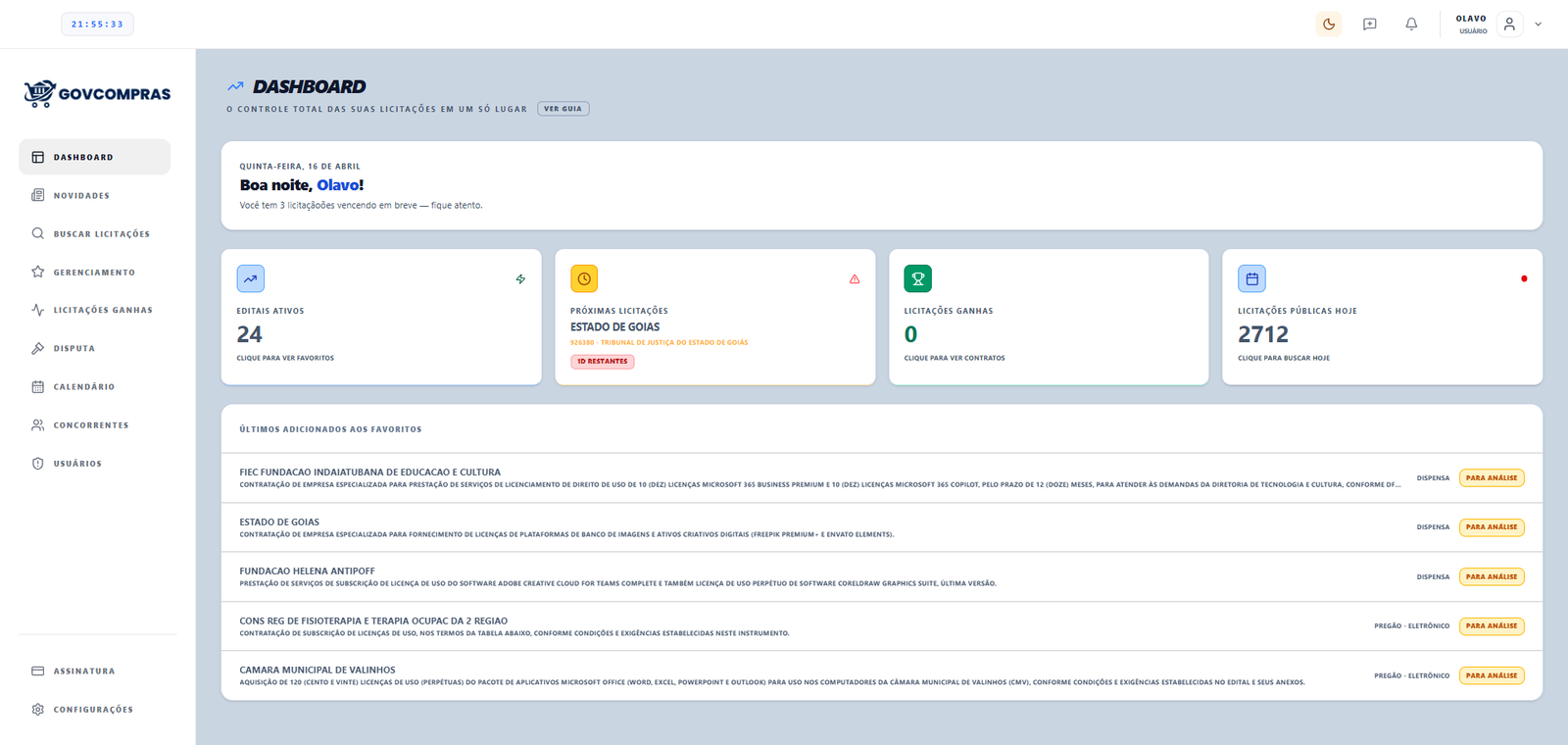Dashboard GovCompras — monitoramento de licitações em tempo real